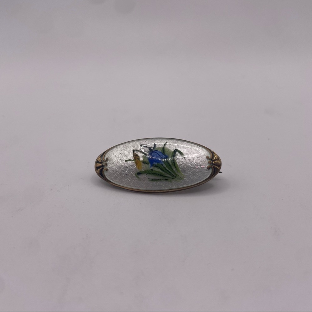 Svein Kirkhus Norway Blue Bell flower Sterling Silver Enameled guilloche brooch